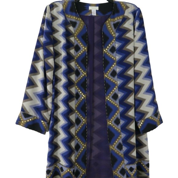 Chico's 0 Long Open Front Kimono Duster Coat Purple Gold Beaded Sequence Lined - Picture 12 of 12